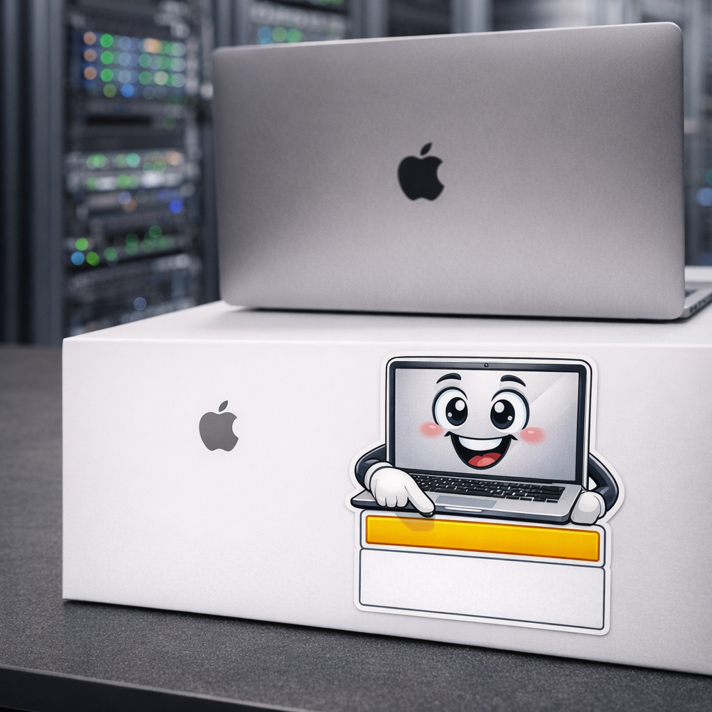 Etichetta Sticketta Macbook pro applicata a una sala server moderna con una scrivania e un macbook pro sopra in primo piano uno scatolo bianco con un logo apple con la stocketta
